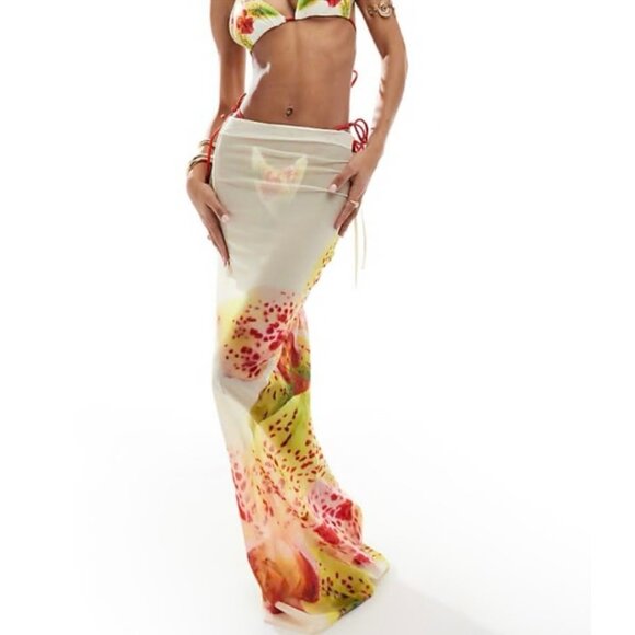 Murci Mesh Maxi Beach Skirt Floral Print Sheer Cover Up White Yellow Pink 2 - Picture 1 of 7